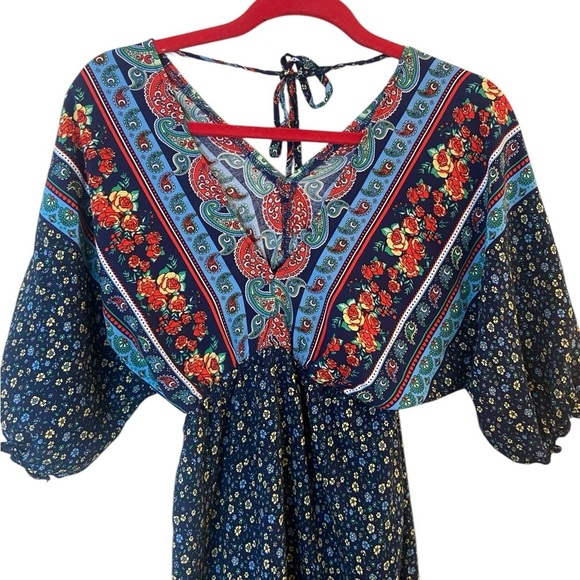 Blue Floral V-Neck Short Sleeve Dress Medium - Picture 5 of 14